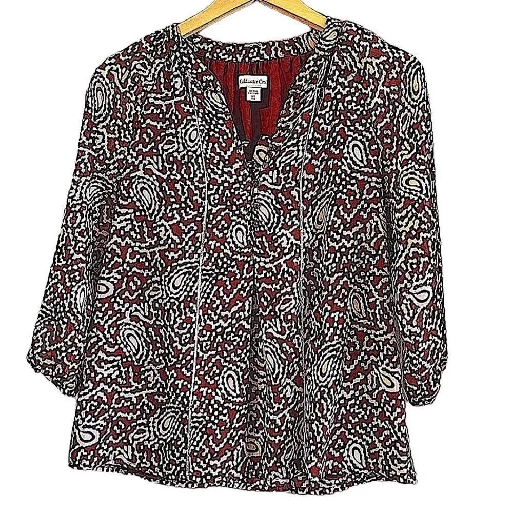 Coldwater Creek Burgandy Modern Paisley Print Puff Sleeve Blouse XS